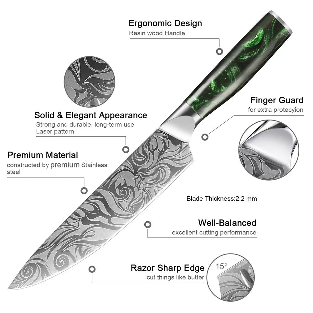 Professional 10-Piece Kitchen Knife Set - Green Resin Handle & High Carbon Steel