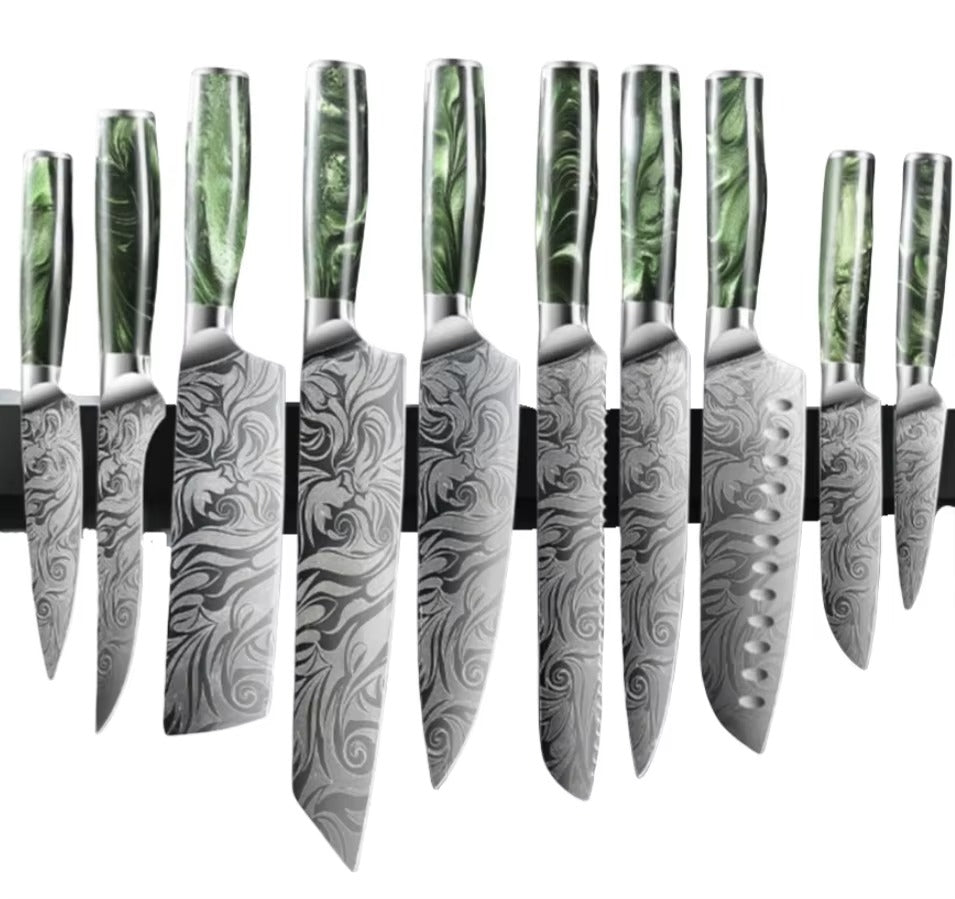 Professional 10-Piece Kitchen Knife Set - Green Resin Handle & High Carbon Steel
