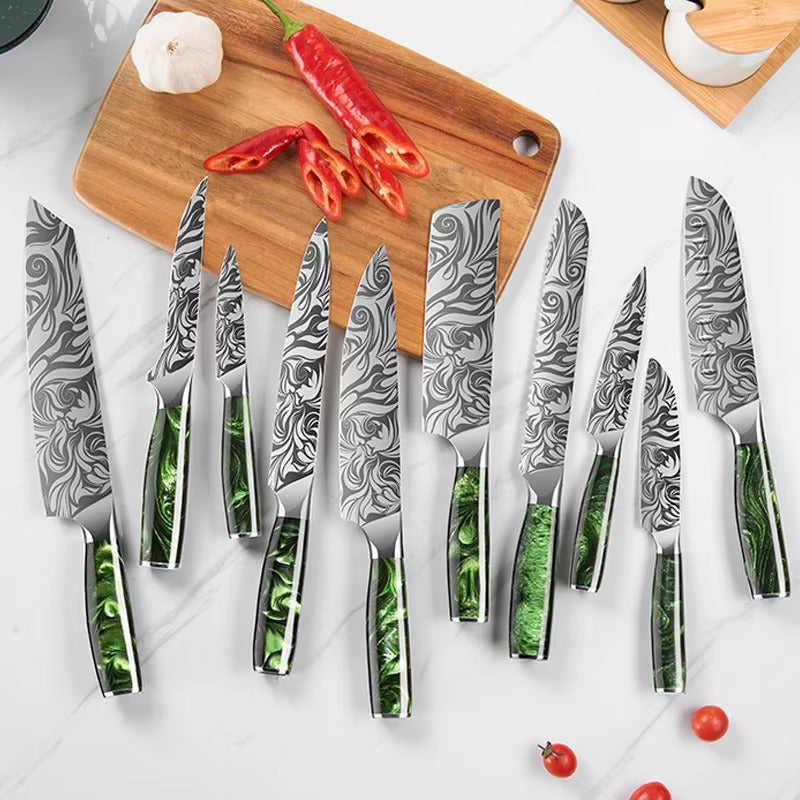 Professional 10-Piece Kitchen Knife Set - Green Resin Handle & High Carbon Steel