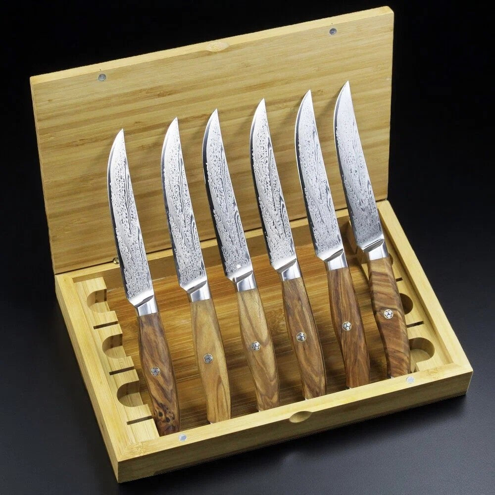 6-Piece Japanese Damascus Steak Knife Set With Olive Wood Handle