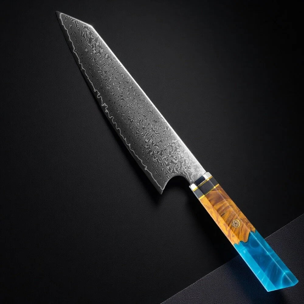 8 Inch Damascus Chef's Knife with Epoxy Resin Solidified Wood Handle