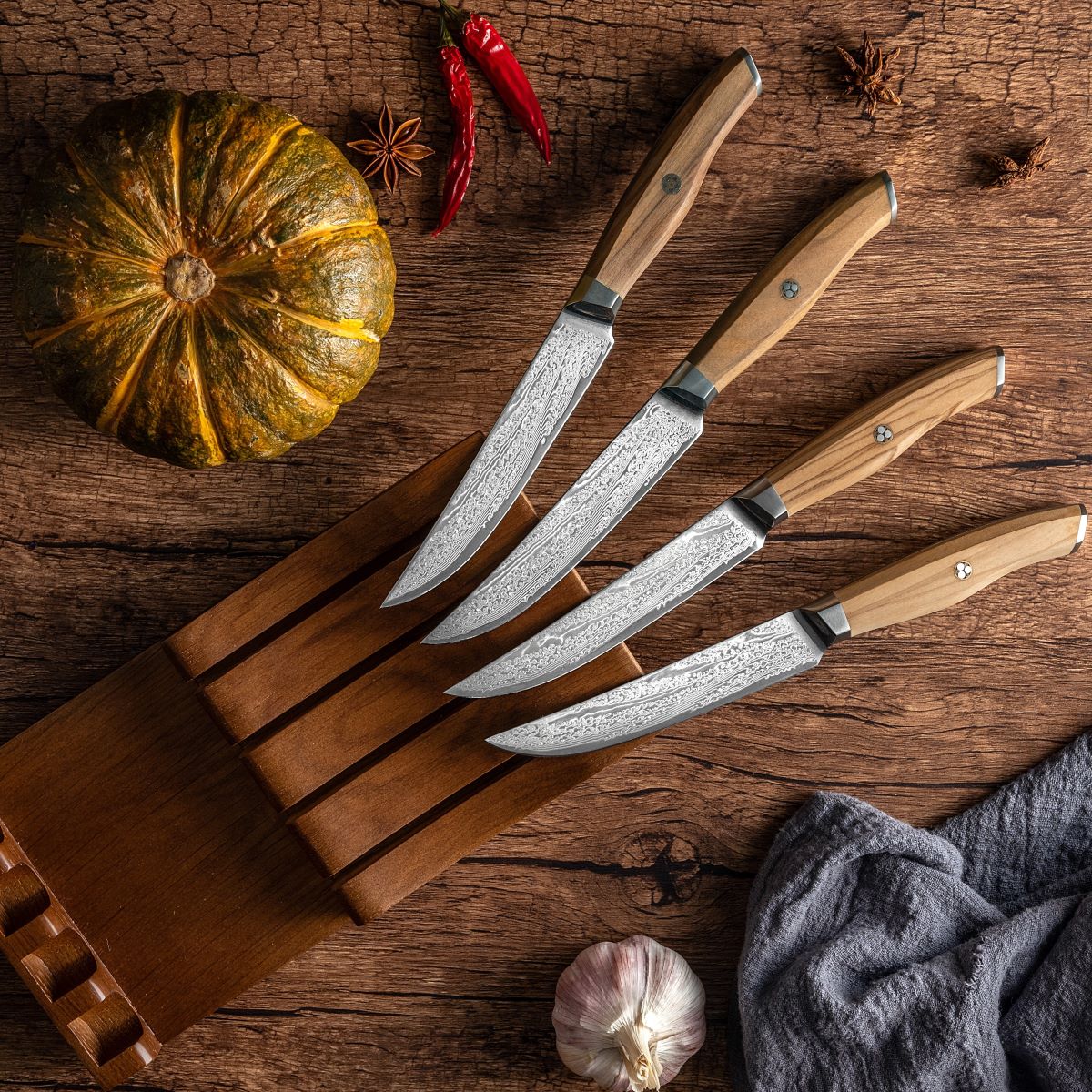 8 - Piece Non Serrated Japanese Damascus Steak Knife Set - Letcase