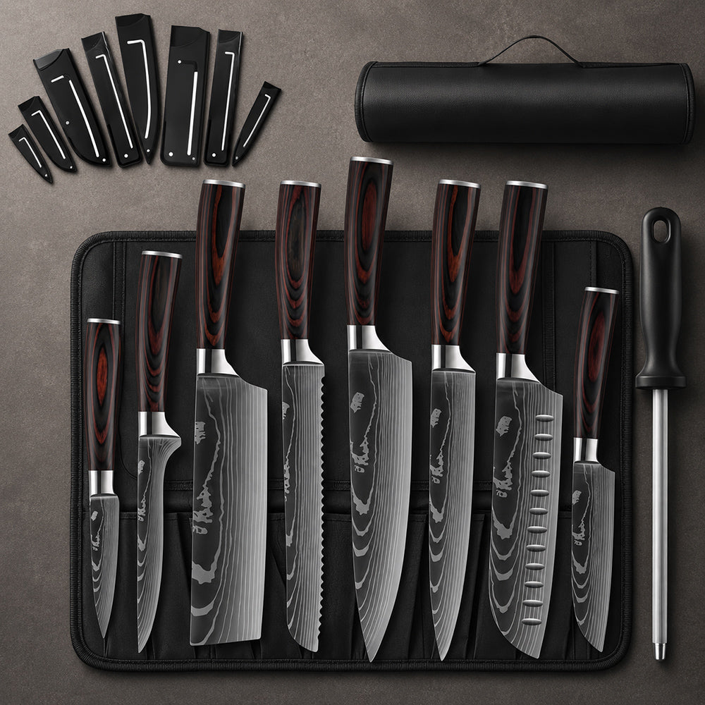 High Carbon Steel Chef Knife Set with Roll Bag & Sharpener