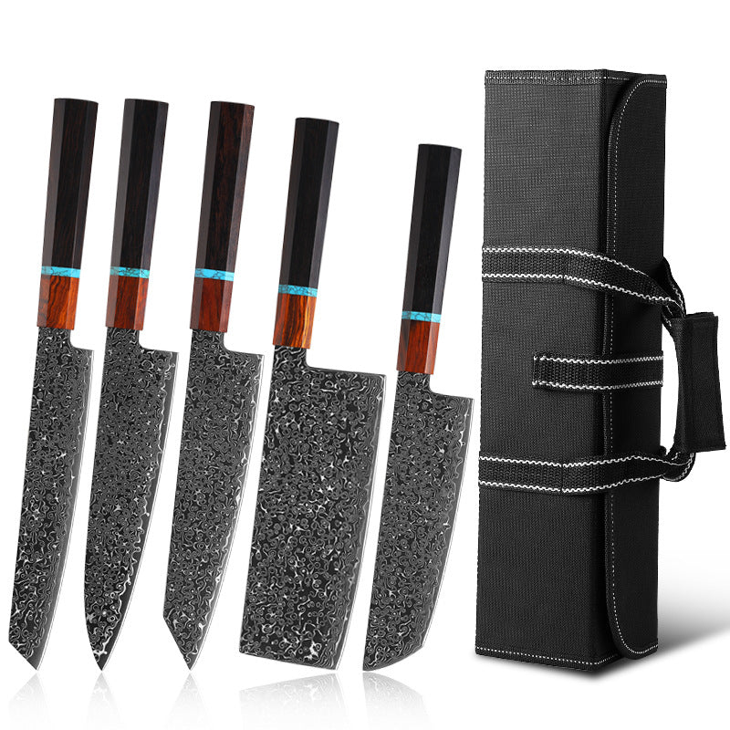 Premium 5-Piece Damascus Japanese Chef Knife Set with Knife Roll Bag