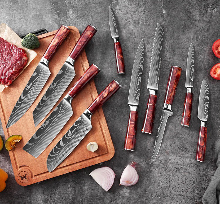 Professional Chef Knife Set with Red Resin Handle