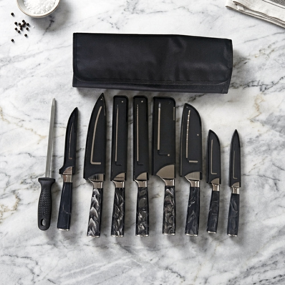 Professional Chef Knife Set with Resin Handles, Portable Roll Bag & Sharpener - 10-Piece