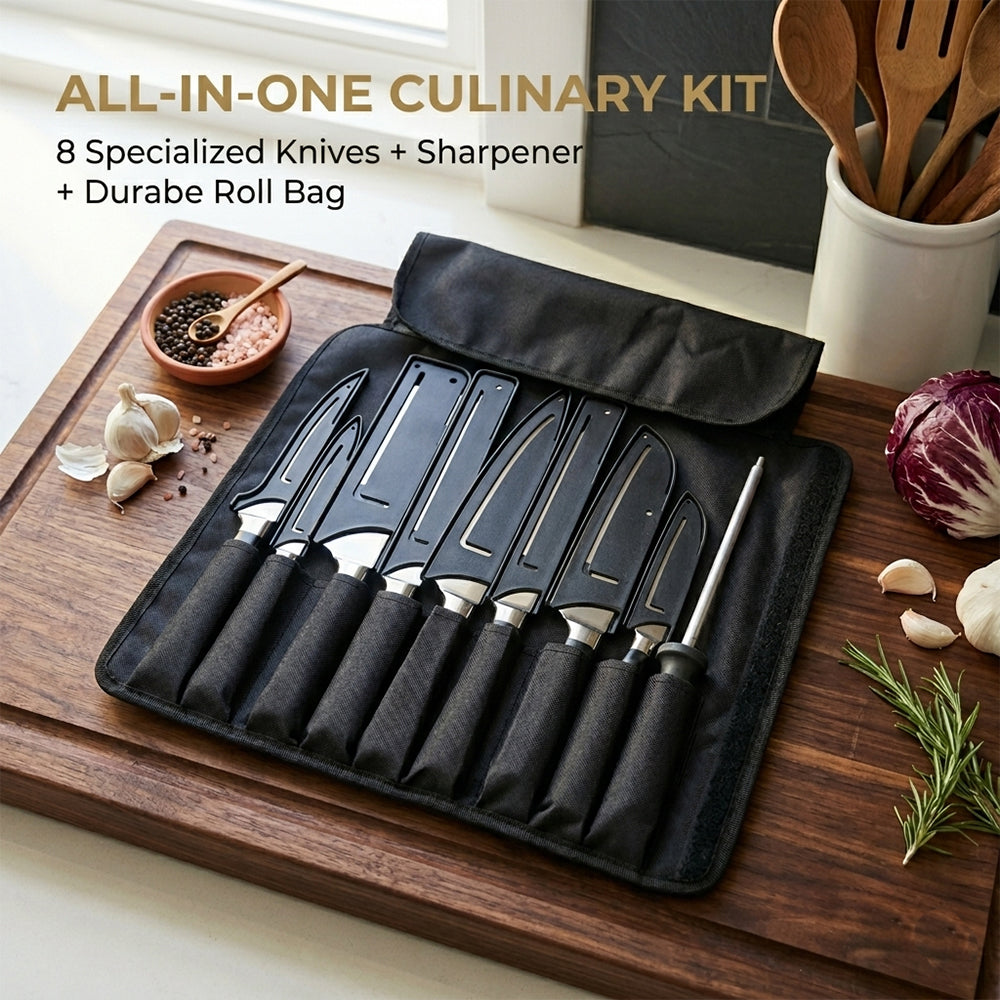 Professional Chef Knife Set with Resin Handles, Portable Roll Bag & Sharpener - 10-Piece