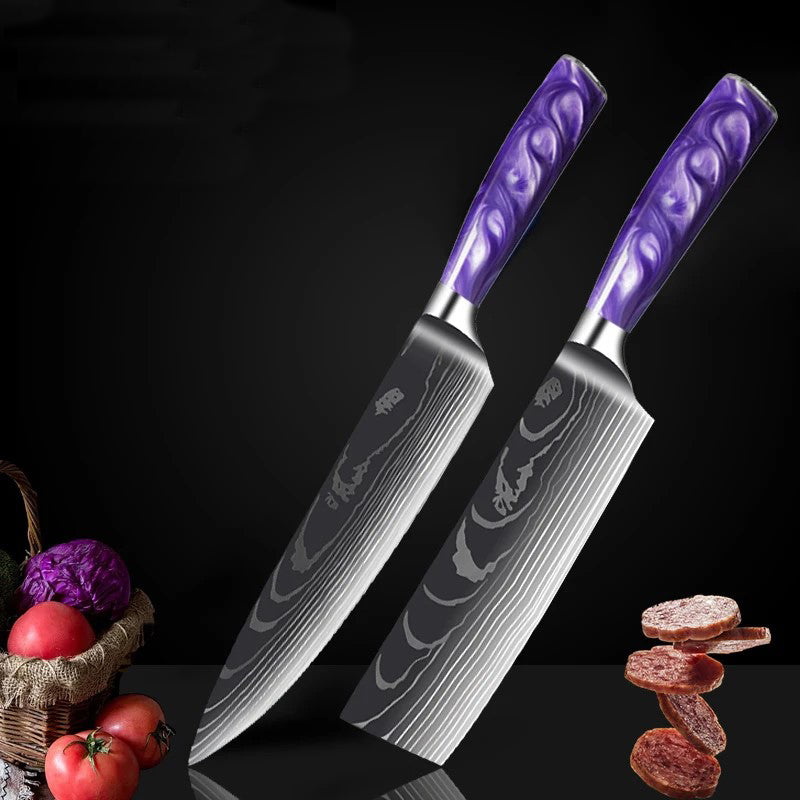 Stainless Steel Chef Knife Set With Purple Resin Handle