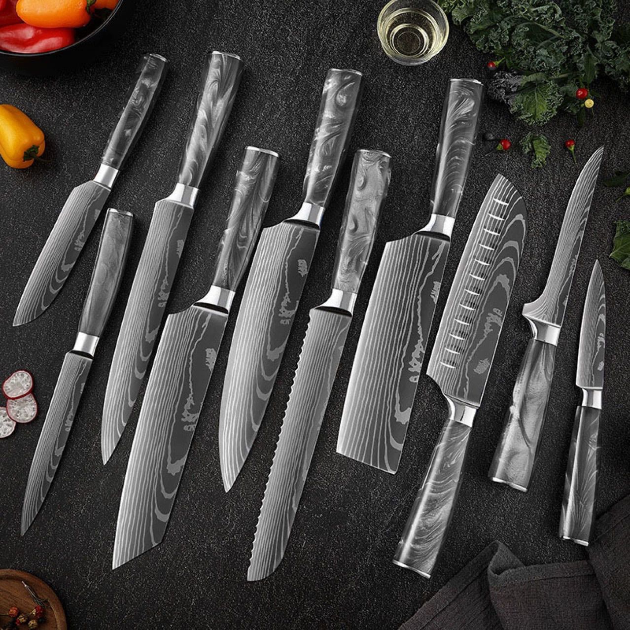 10 Piece High Carbon Stainless Steel Knife Set With Black Resin Handle