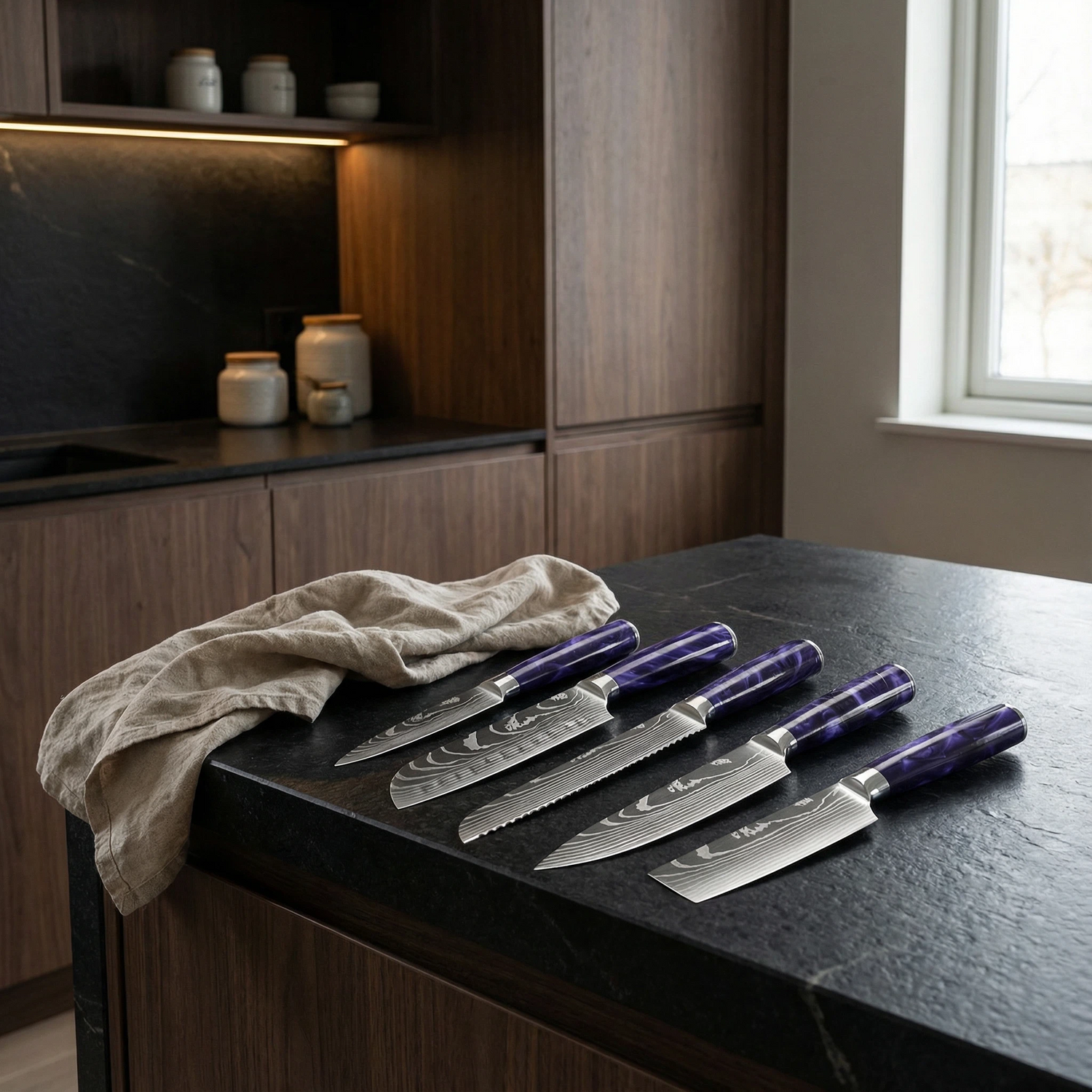 Professional Japanese Kitchen Knife Set with Purple Resin Handle