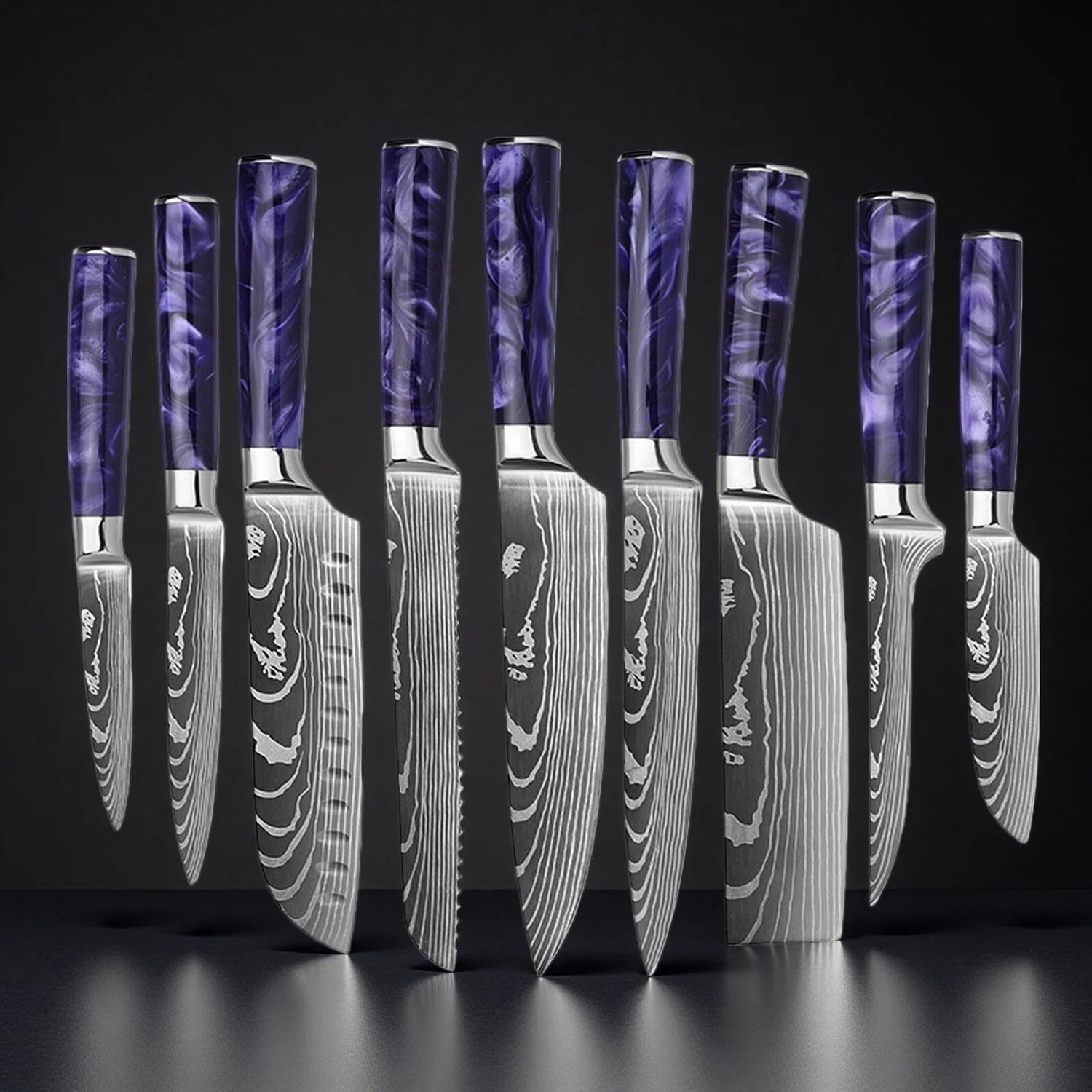 Professional Japanese Kitchen Knife Set with Purple Resin Handle
