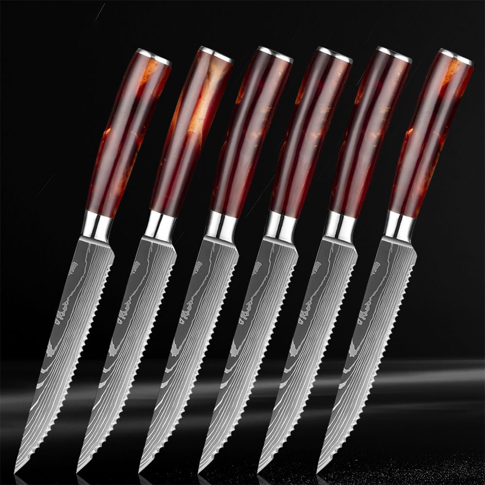 Serrated Steak Knife Set with Red Resin Handle - Letcase