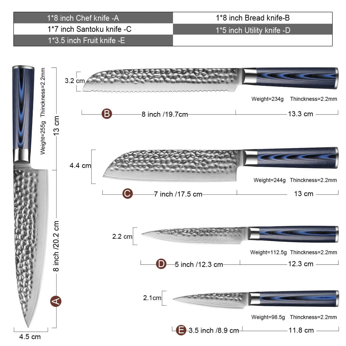 5-Piece Kitchen Knife Set, VG10 Damascus Chef Knife Set - Letcase