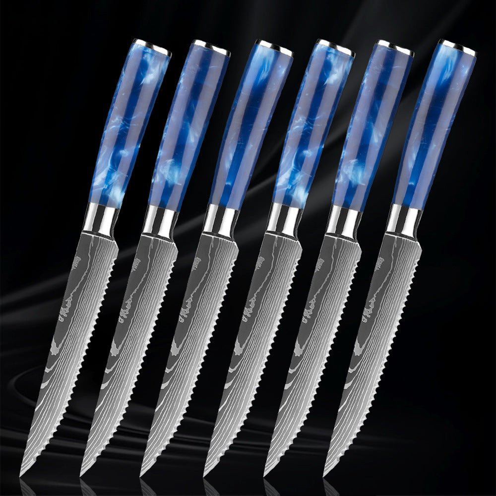 6-Piece Serrated Stainless Steel Steak Knife Set, Blue Resin Handle - Letcase