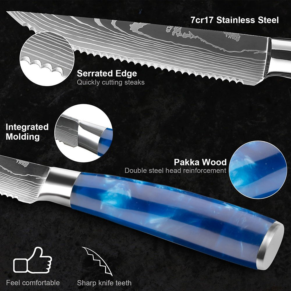 6-Piece Serrated Stainless Steel Steak Knife Set, Blue Resin Handle - Letcase