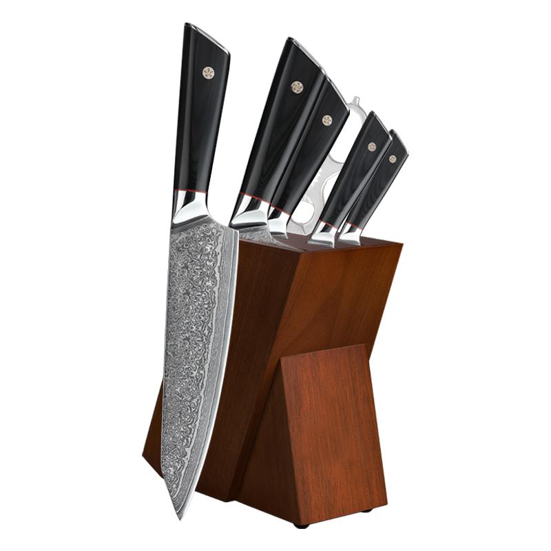 Damascus Knife Set With Block