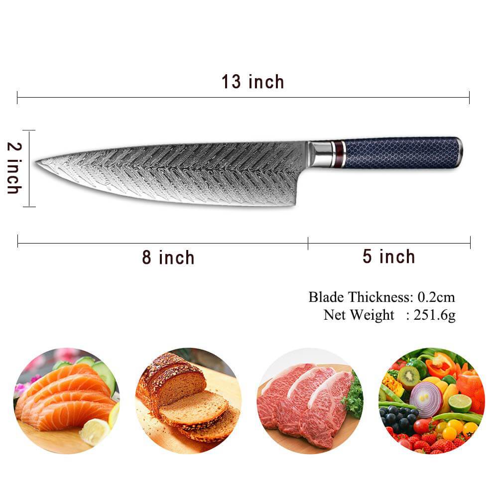 8 Inch Damascus Kitchen Knife, Blue Resin Handle - Letcase