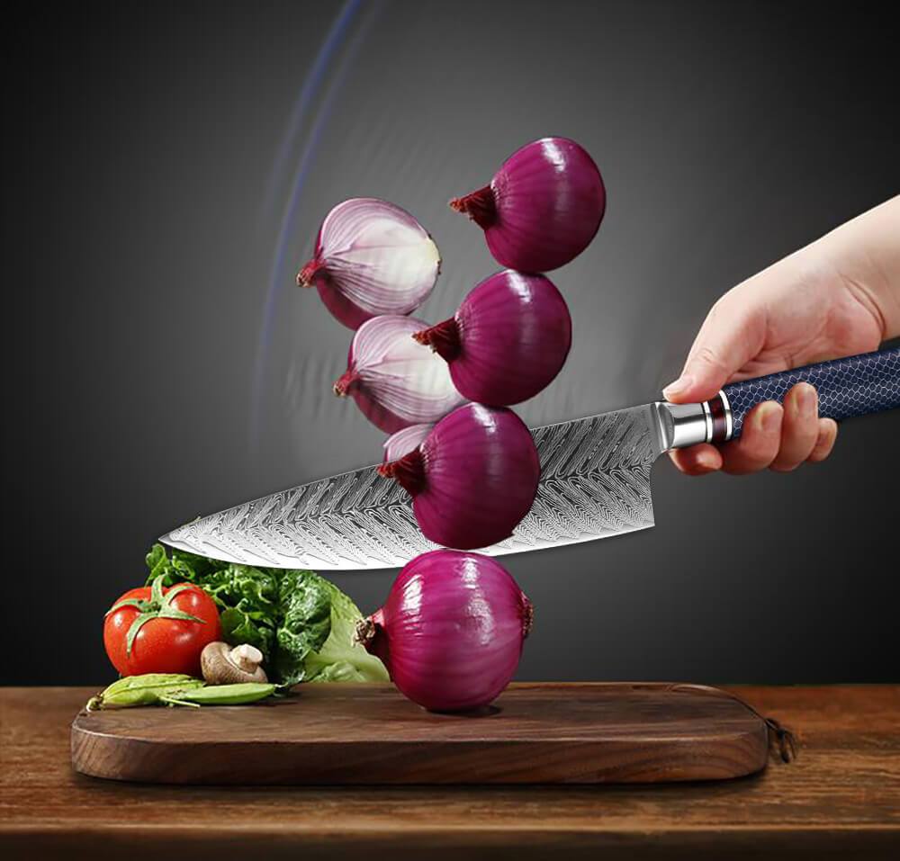 8 Inch Damascus Kitchen Knife, Blue Resin Handle - Letcase