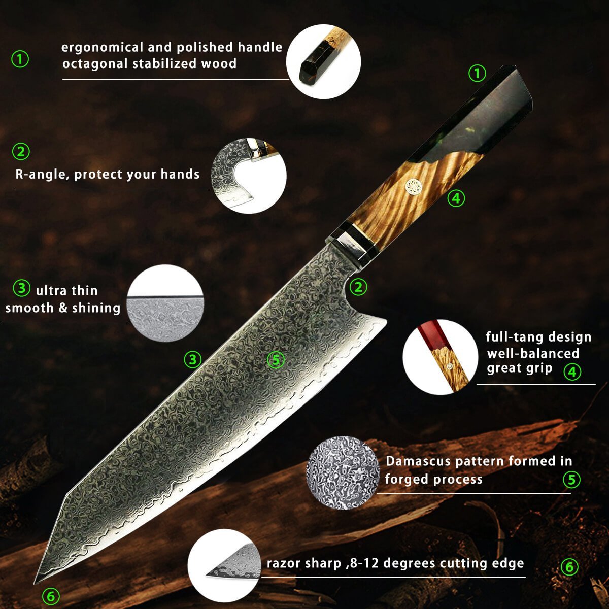 8 Inch Damascus Kiritsuke Knife