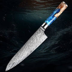 8 Inch Damascus Steel Chef Knife With Blue Resin Handle - Letcase