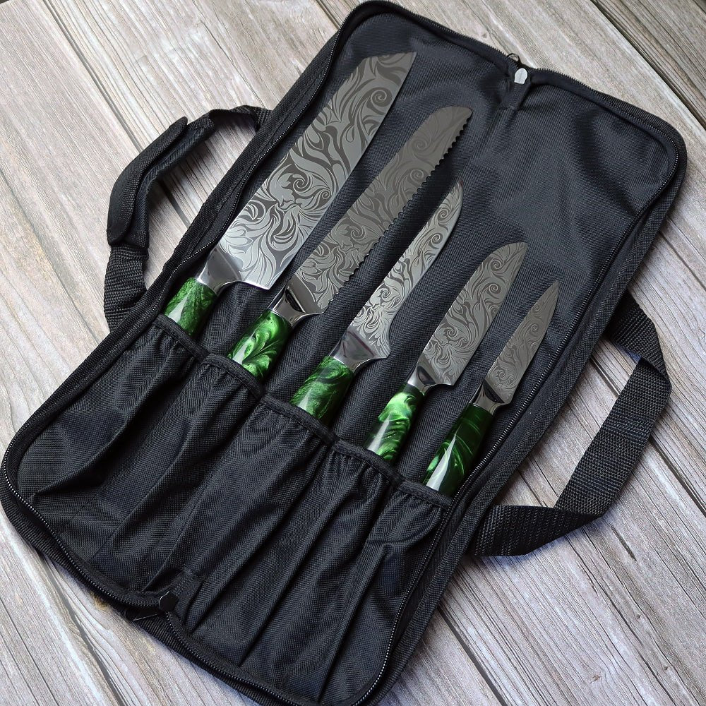 8 Piece Chef Knives Set, Ergonomic Green Resin Handle - Letcase