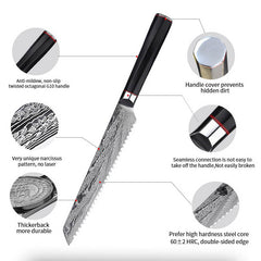 Damascus Bread Knife, 8" Serrated Bread Knife, Japanese AUS-10V Super Steel - Letcase