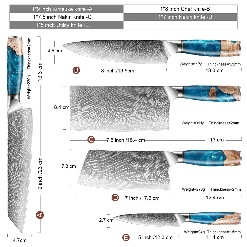 Damascus Kitchen Knife Set 5 Piece Cleaver Knife Set - Letcase