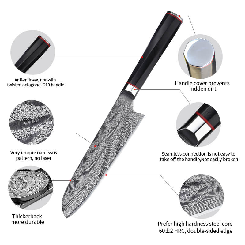 Damascus Santoku Knife, Japanese AUS10 steel - Narcissus Flower Serries - Letcase