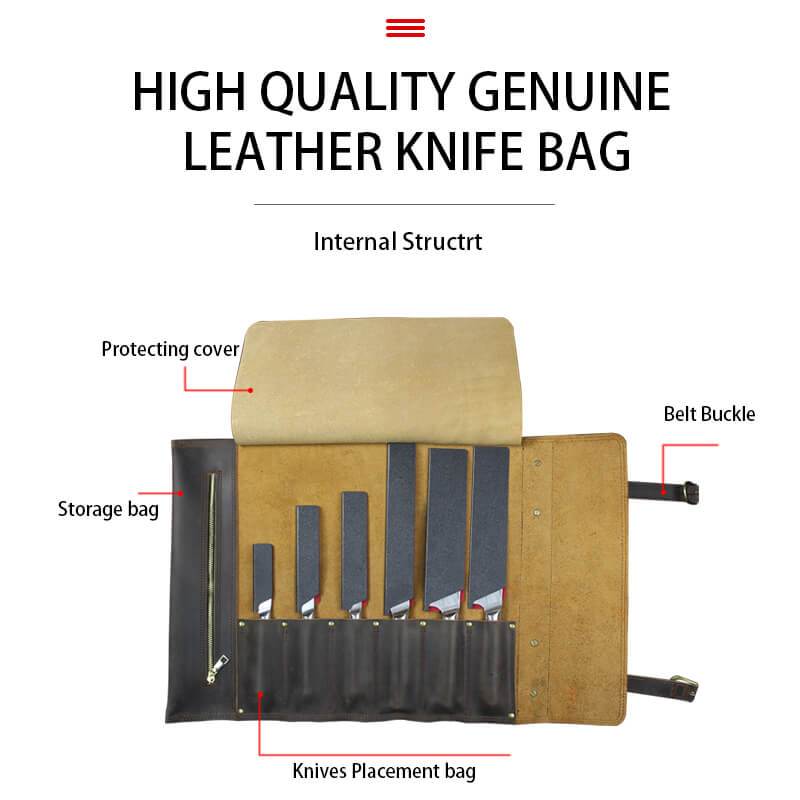 Genuine Leather Knife Roll Storage Bag, 6 pockets, Portable Chef Knife Case, Travell Friendly - Letcase