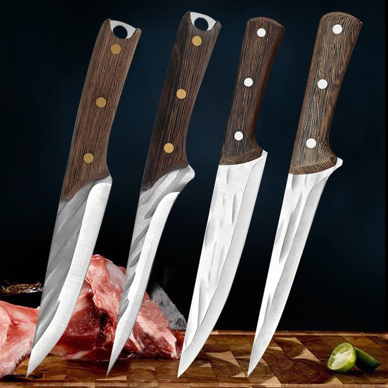 Hand Forged Boning Knife Chef Knife Cleaver Knife With Leather Sheath, 4-Piece - Letcase