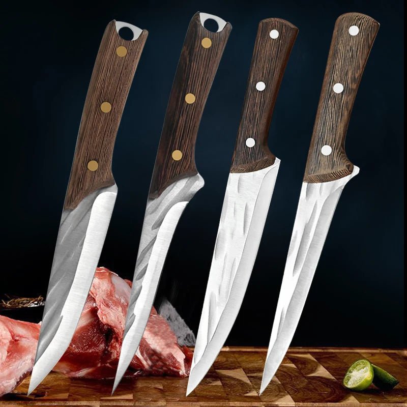 Hand Forged Boning Knife Chef Knife Cleaver Knife With Leather Sheath,  4-Piece