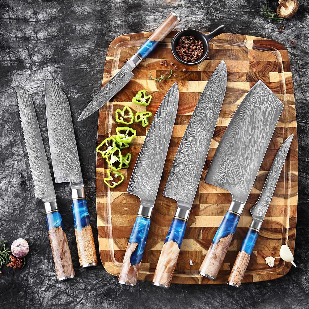 Hand Forged Chef Knives, Damascus Steel Knife, Colored Blue Resin Handle - Letcase