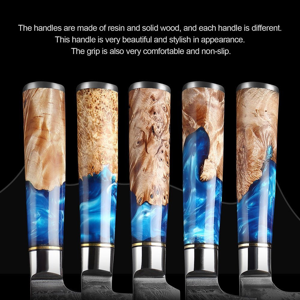 Hand Forged Damascus Chef Knife Set - Colored Blue Resin Handle - Letcase