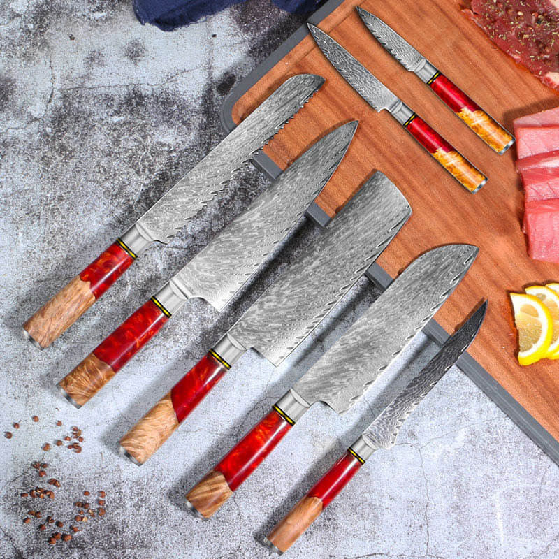 Japanese Damascus Kitchen Knife Set With Red Resin Wood Handle - Letcase