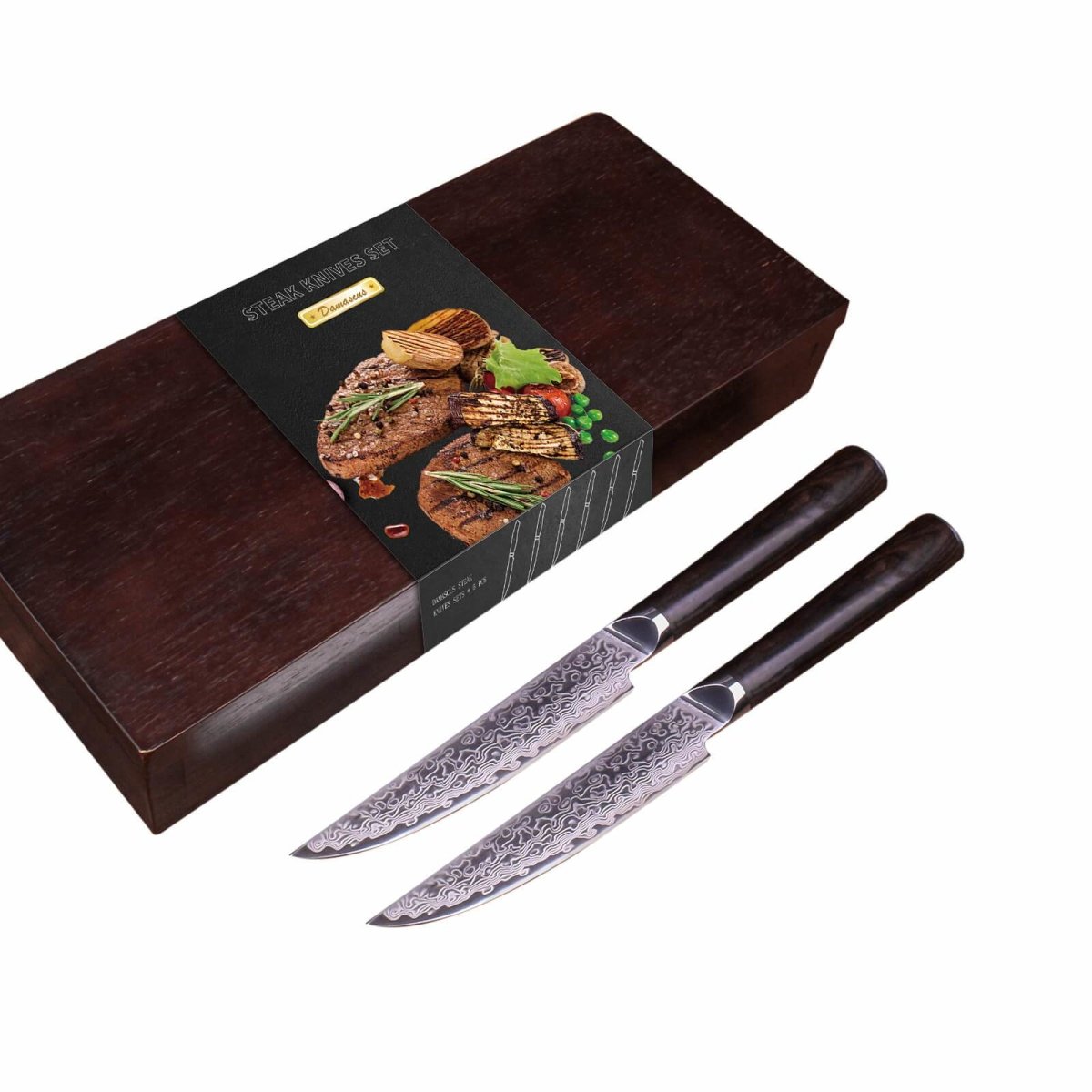 Japanese Damascus Steak Knife Set, Non Serrated, Ebony Wood Handles - Letcase