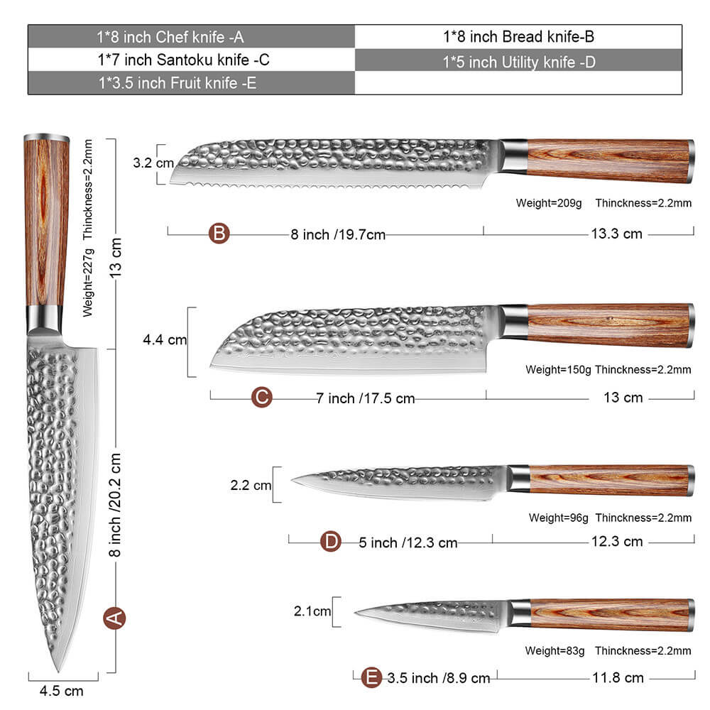 Kitchen Damascus Knife Set 5-Piece Professional Chef Knife Santoku Bread Utility Paring Knife - Letcase