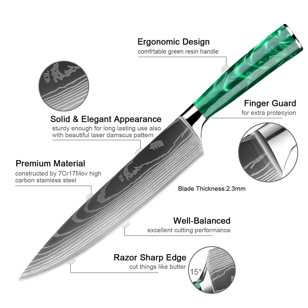 Green Resin Wooden Handle Kitchen Knives 