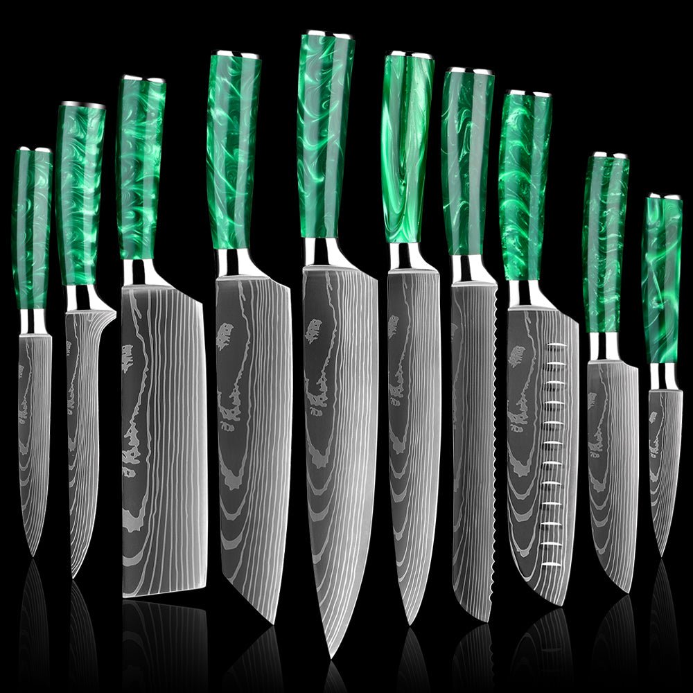 Professional Chef Knife Set - Green Resin Wood Handle - Letcase