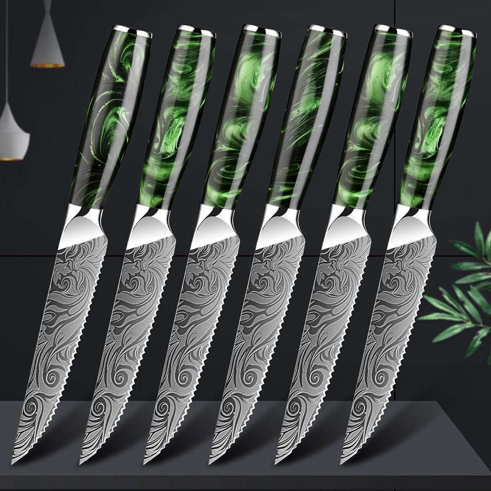 Serrated Steak Knife Set of 6, Green Resin Handle - Letcase