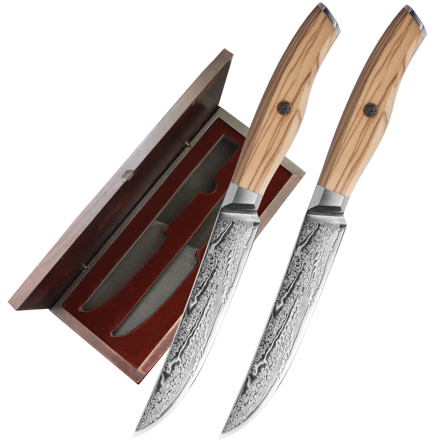 Non Serrated Japanese Damascus Steel Steak Knife Set with Olive Wood Handle