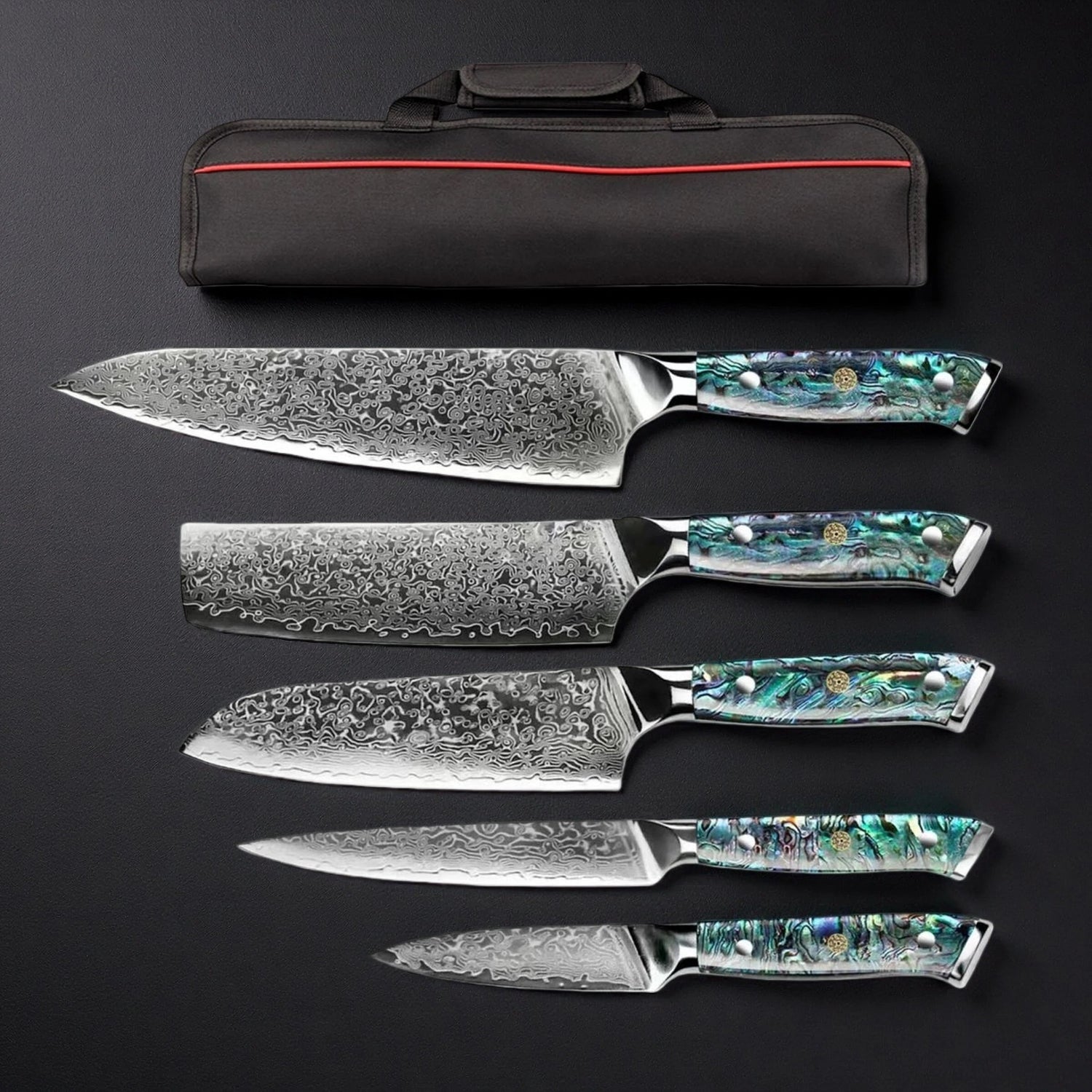 5-Piece Japanese Damascus Chef Knife Set With Roll Bag