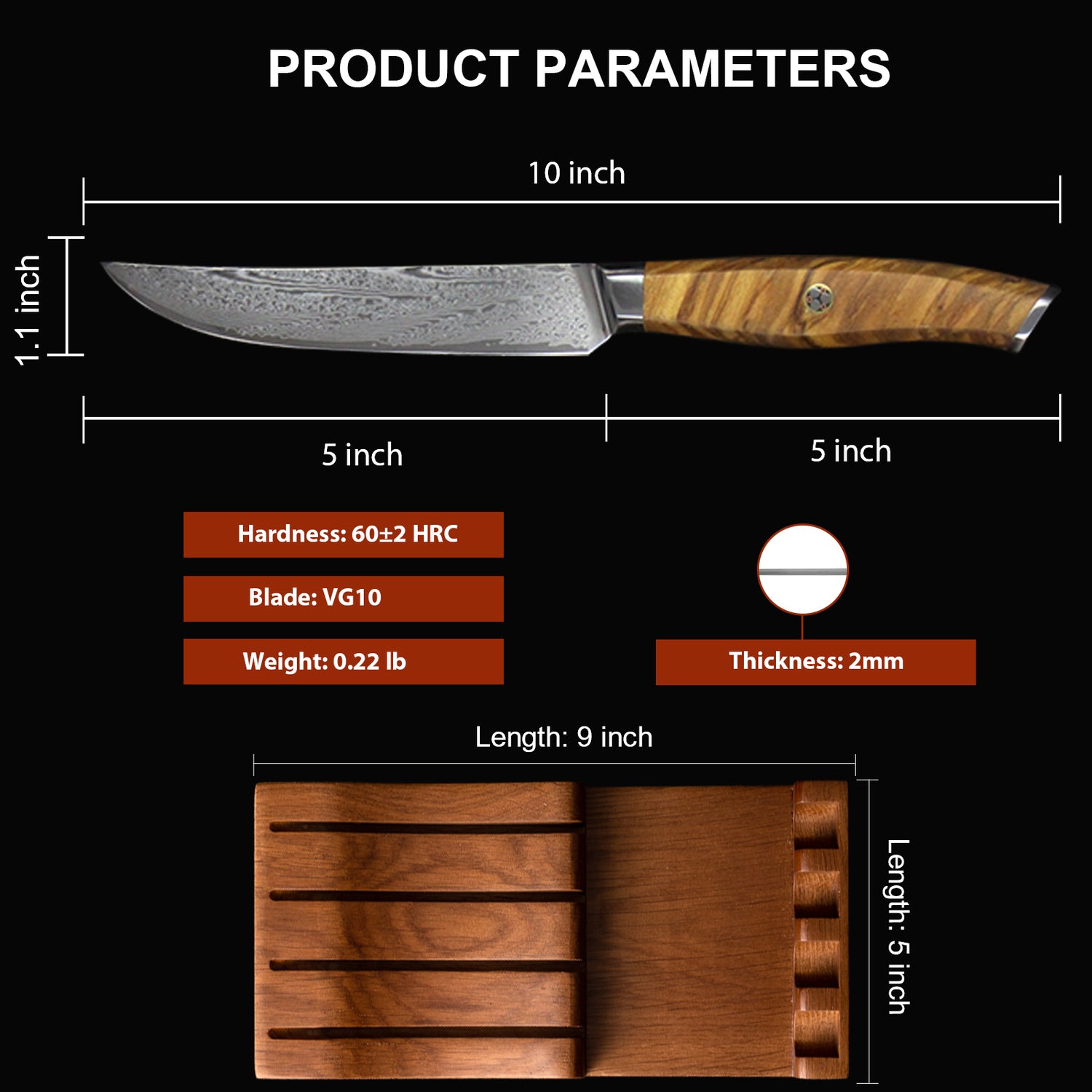 Non Serrated Japanese Damascus Steel Steak Knife Set with Olive Wood Handle
