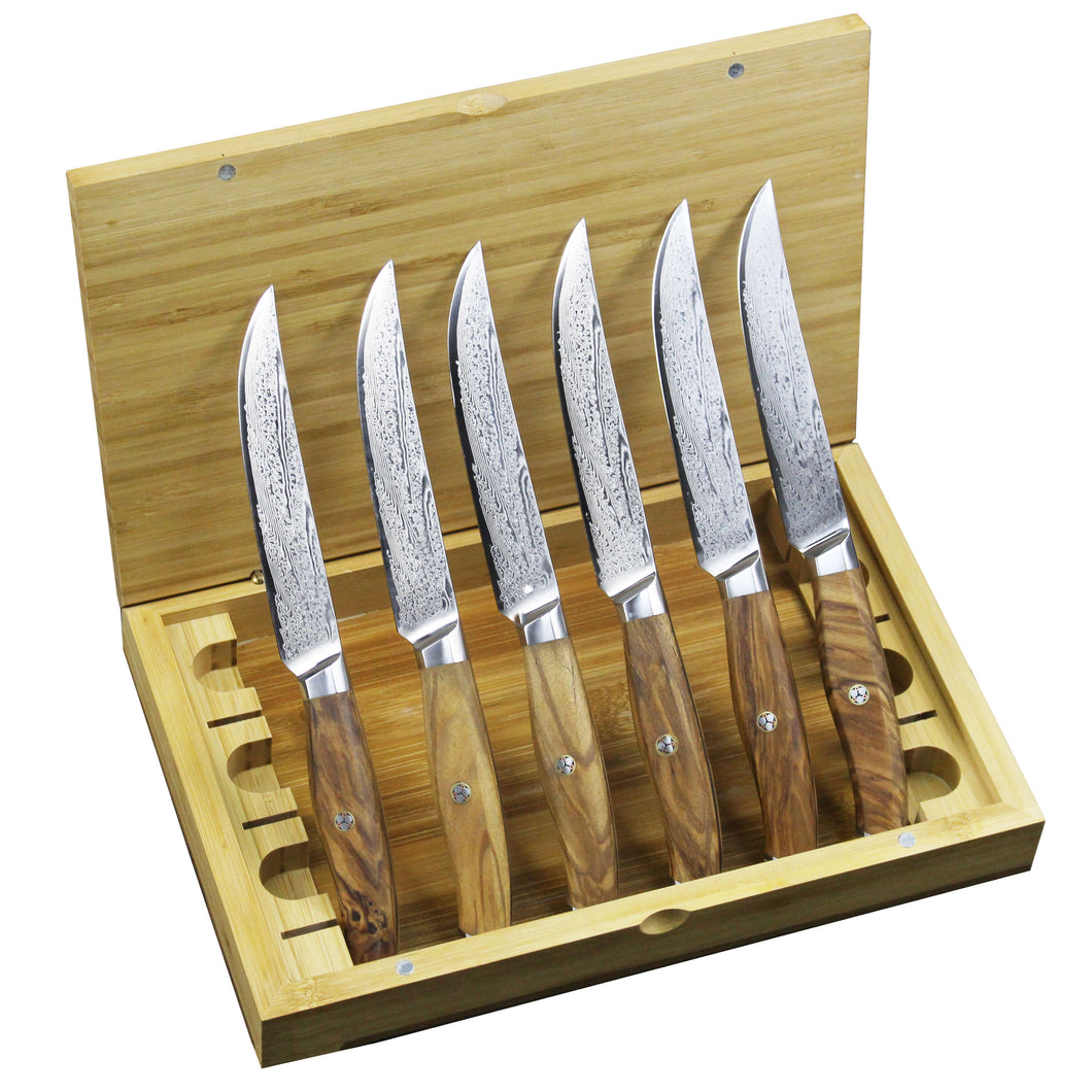 Non Serrated Steak Knife Set 6-Piece Japanese Damascus Steel Olive Wood Handle