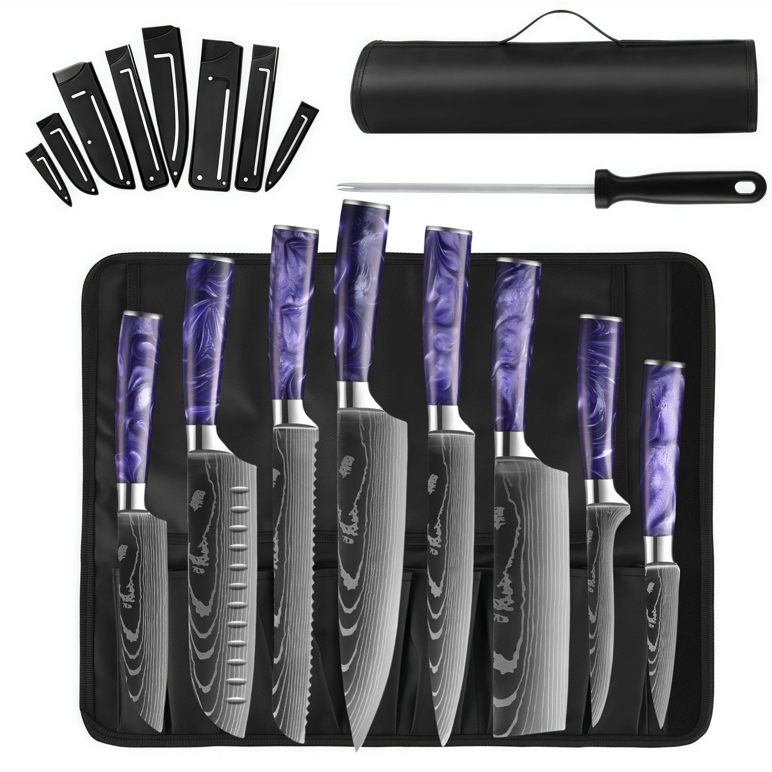Professional Chef Knife Set with Roll Bag & Sharpener