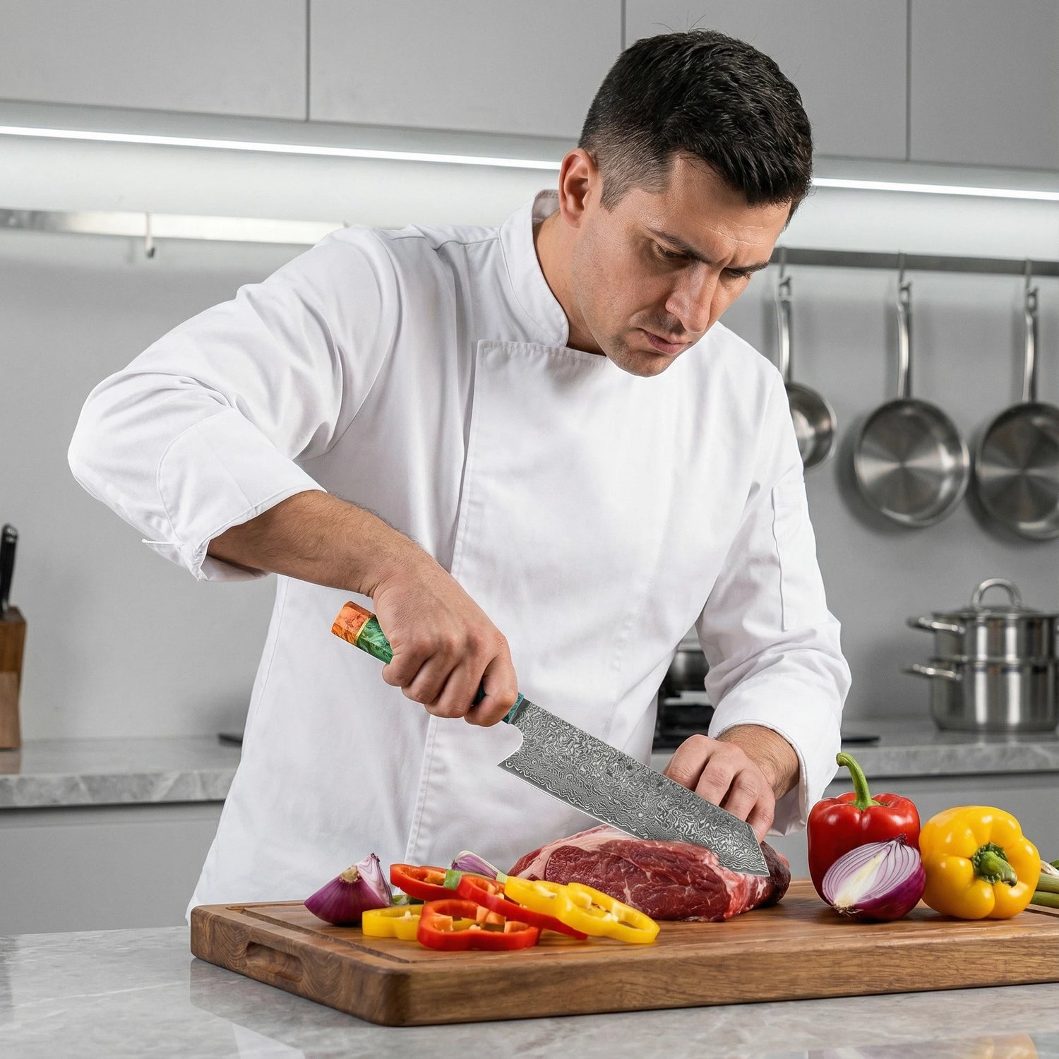 8 Inch Damascus Chef Knife – 67-Layer VG10 Japanese Steel, Stabilized Wood Handle