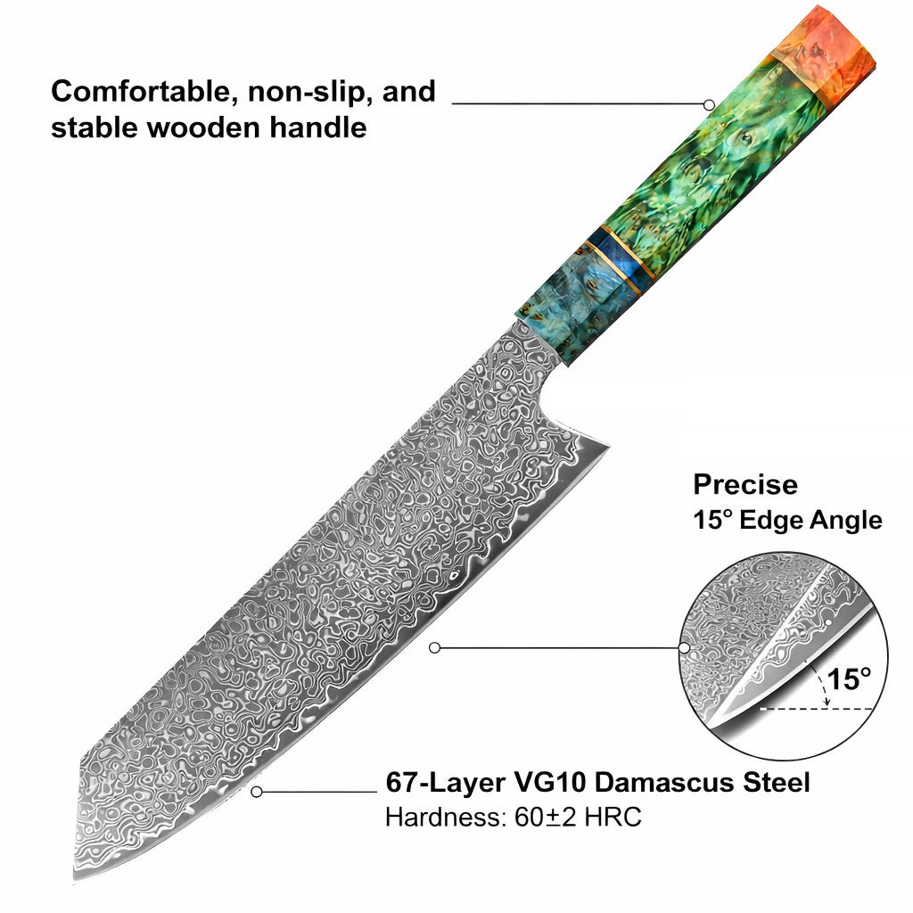 8 Inch Damascus Chef Knife – 67-Layer VG10 Japanese Steel, Stabilized Wood Handle