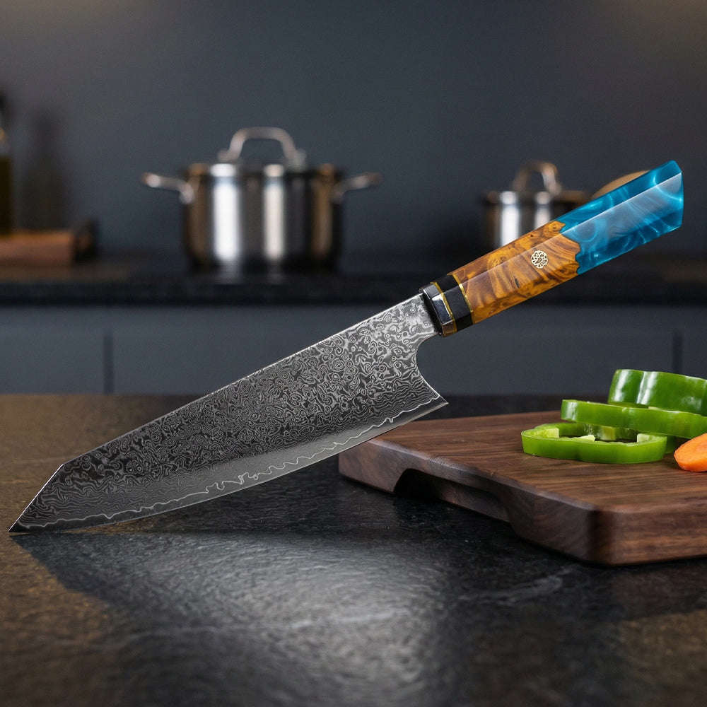 8 Inch Damascus Chef's Knife with Epoxy Resin Solidified Wood Handle