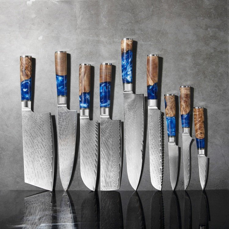 9 Piece Damascus Kitchen Knife Set - Blue Resin Handle - Letcase