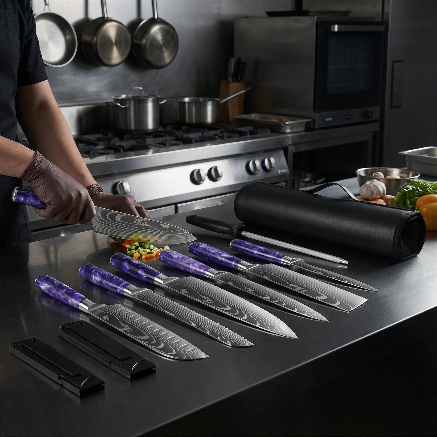 Professional Chef Knife Set with Roll Bag & Sharpener