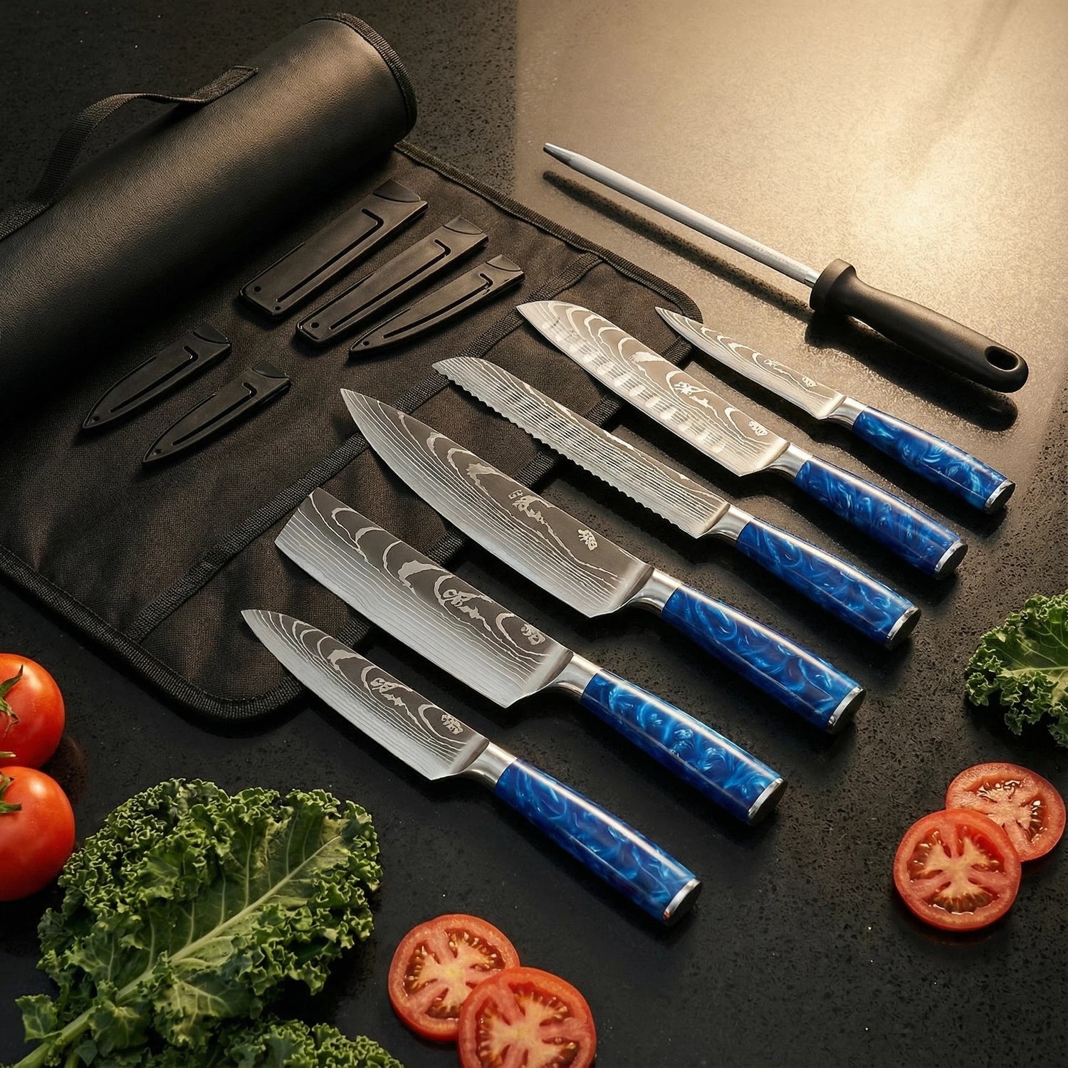 9-Piece Kitchen Knife Set with Sharpener & Roll Bag
